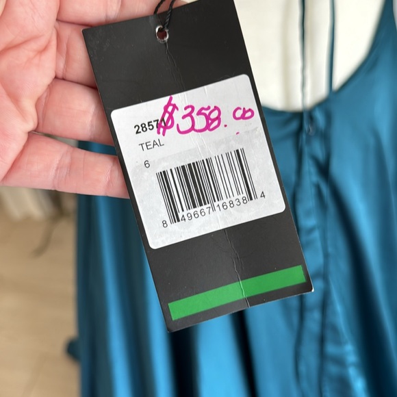 LA FEMME 28571 Teal Satin A-line Dress Open Back - Picture 9 of 10